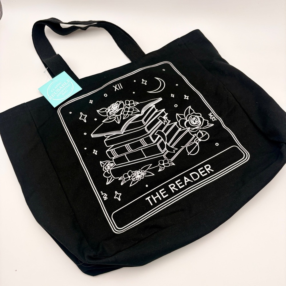 The Reader Tarot Card Canvas Tote Bag Black White Book Graphic Reusable Shopping